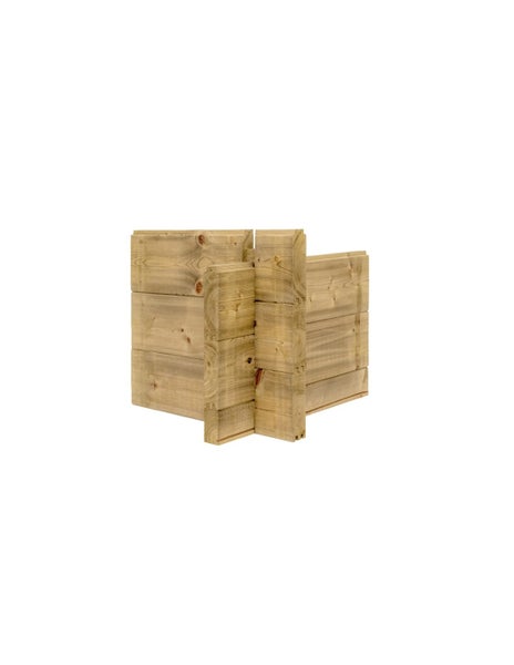 Eckverbindung für Gartenhäuser aus Holzbohlen mit Nut-und-Feder-System.
