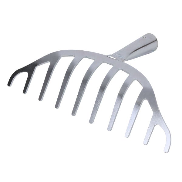 Gartenrechen-Aufsatz aus Metall mit 12 Zinken, gebogene Form.
