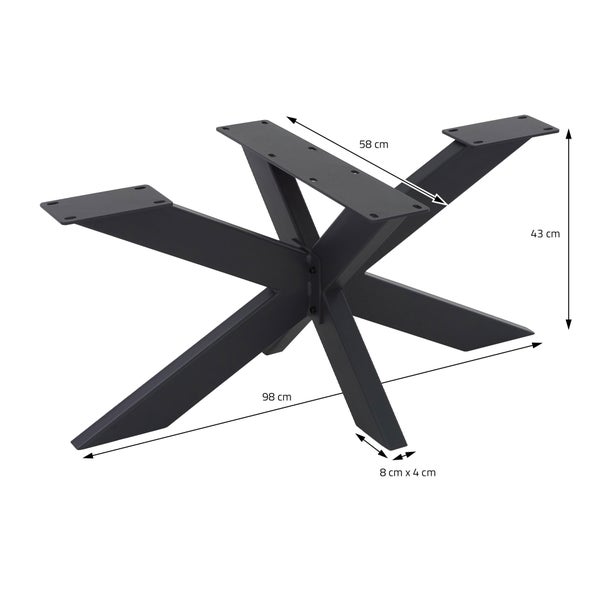 Tischbein aus Metall mit den Maßen 98 cm Länge, 43 cm Höhe, 58 cm Breite und 8 cm mal 4 cm Tiefe.