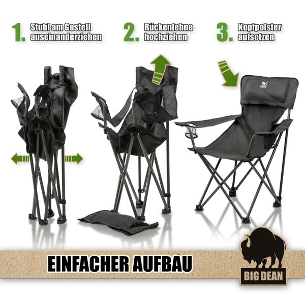 Anleitung zum Aufbau eines Campingstuhls in drei Schritten: Gestell auseinanderziehen, Rückenlehne hochziehen, Kopfpolster aufsetzen. Big Dean Logo.