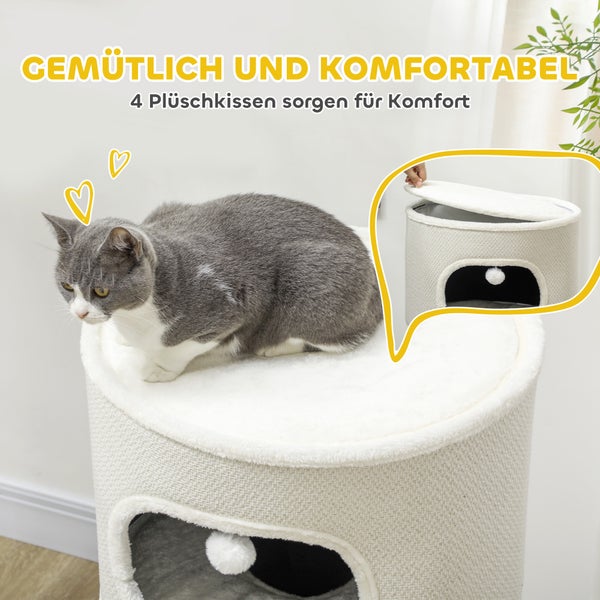 PawHut Kratztonne, 100 cm hoch Katzentonne mit 3 Höhle, Kratzbaum mit Spielbällen, Katzenturm aus Sisal, für Katze bis 6 kg, Beige+Cremeweiß