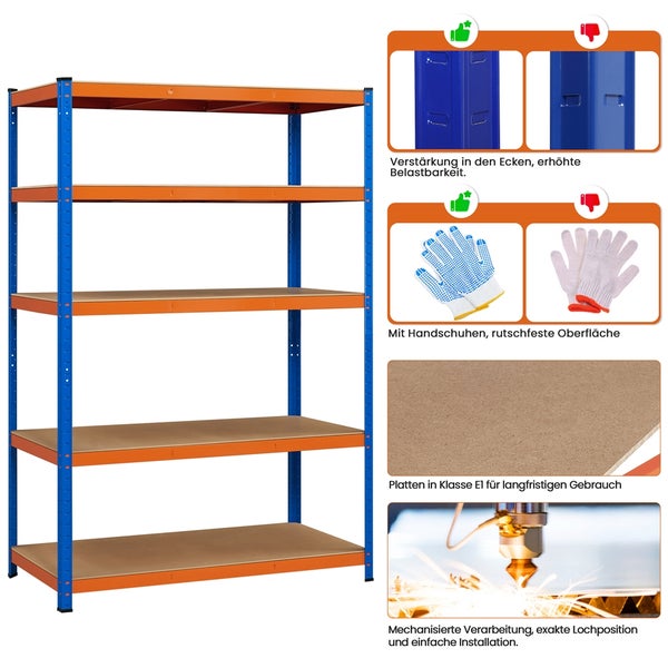 Schwerlastregal mit fünf Holzböden, blauem Metallrahmen, orangefarbenen Traversen, verstärkten Ecken, Klasse E1 Platten und Montagehandschuhen.