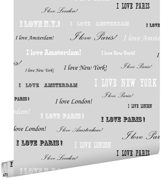 Tapete mit dem Schriftzug Ich liebe London, Paris, Amsterdam und New York