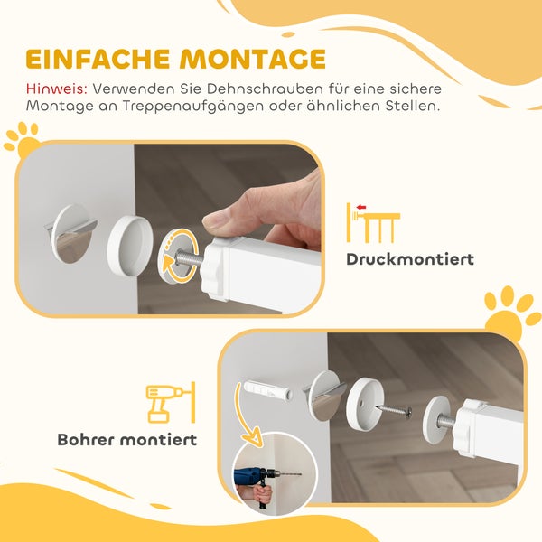 PawHut Türschutzgitter Hund, 76-104 cm Absperrgitter ohne Bohren, Treppengitter aus Stahl, Treppenschutzgitter, Schutzgitter, Sicherheitsgitter für Treppen, Tür, Flur, Weiß