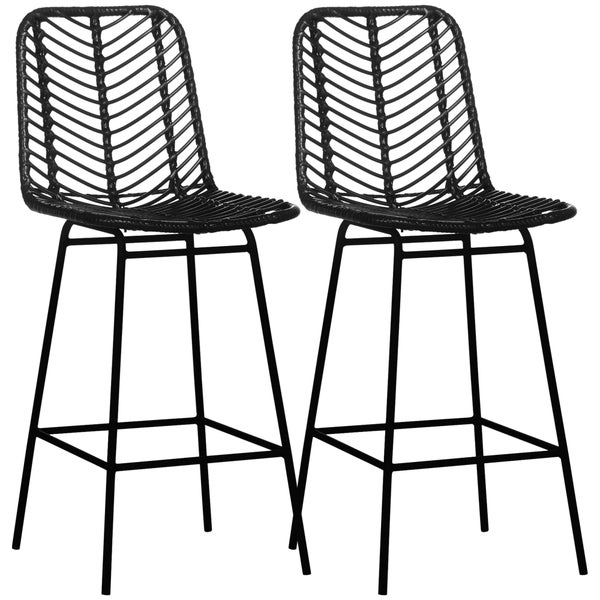 HOMCOM Barhocker 2er Set, Barstuhl mit Gestell aus Kunstrattan, Rückenlehne, Küchenstühle mit integrierter Fußstütze, Tresenhocker für Küche, Wohnzimmer, Esszimmer, Boho-Stil, Schwarz