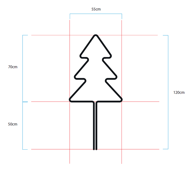 Maße für Weihnachtsbaum-Deko mit Erdspieß: Gesamthöhe 120 Zentimeter, Baumhöhe 70 Zentimeter, Spießhöhe 50 Zentimeter, Breite 55 Zentimeter.