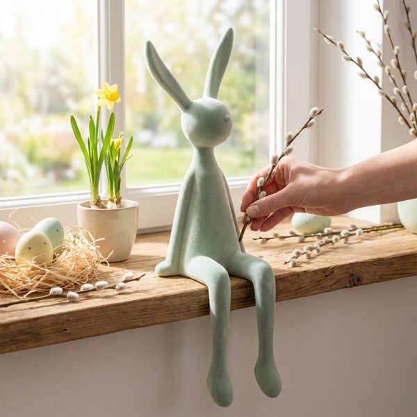 Osterdekoration mit sitzender Hasenfigur aus beflocktem Material auf einer Fensterbank mit Narzissen, Ostereiern und Weidenkätzchenzweigen.