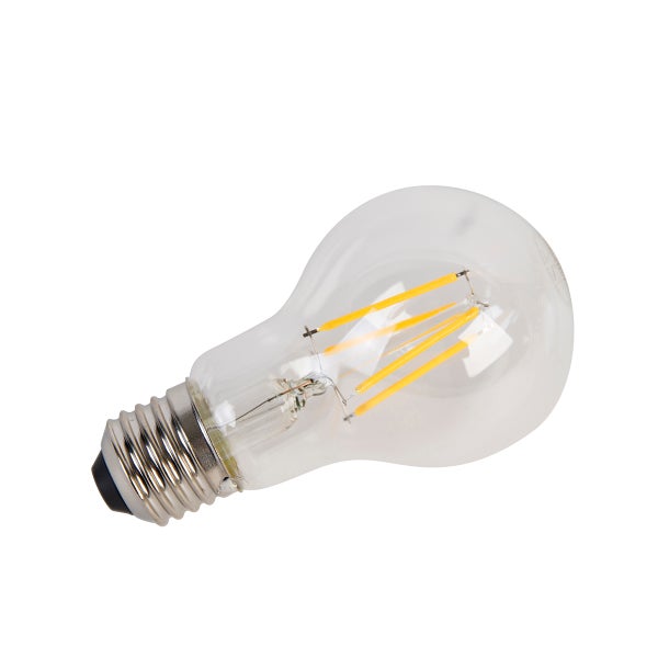 LED-Filament-Leuchtmittel in klassischer Kolbenform mit E27-Sockel aus klarem Glas.