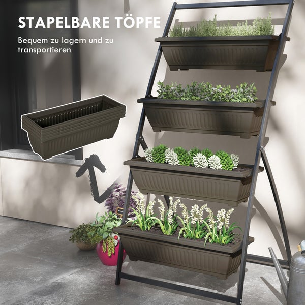 Etagen-Pflanzenständer mit vier stapelbaren Balkonkästen aus Kunststoff, platzsparendes vertikales Beet für Kräuter und Blumen.