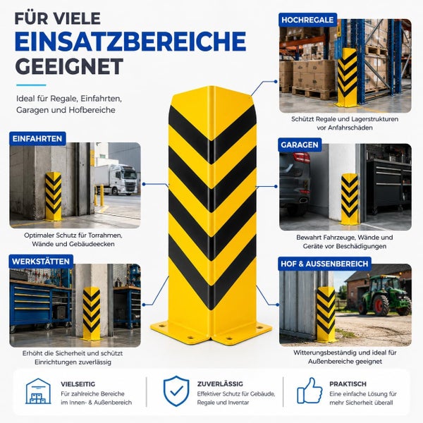 Infografik für gelb-schwarz gestreiften Eckschutz an Hochregalen, Einfahrten, Garagen, Werkstätten und Außenbereichen.