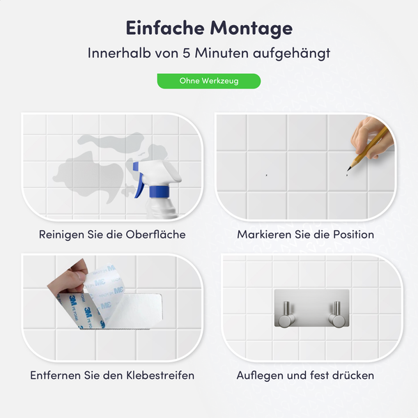 Anleitung zur Montage eines Wandhakens ohne Bohren in vier Schritten: Reinigen der Fliesen, Markieren, Klebefolie abziehen und festdrücken.