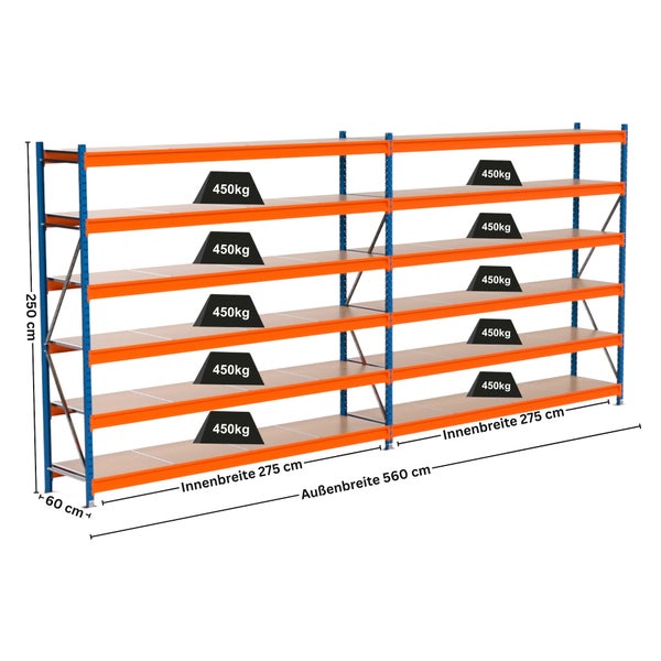 Lagerregal aus Stahl mit fünf Regalböden und einer Traglast von 450 Kilogramm pro Regalboden