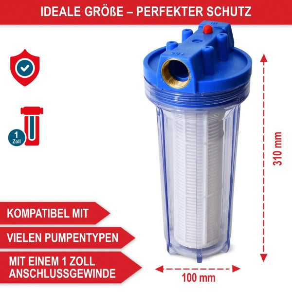 Wasserfiltergehäuse für Pumpen, Höhe 310 Millimeter, Breite 100 Millimeter, 1 Zoll Anschlussgewinde, kompatibel mit vielen Pumpentypen.