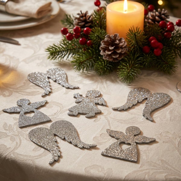 Set aus glitzernden Weihnachtsdeko Figuren in Engel Form und Flügeln als festliche Tischdekoration mit Tannenkranz und Kerze.