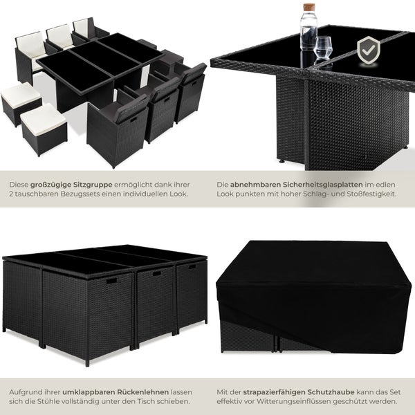 Rattan Sitzgruppe tectake New York 2 Bezugssets, zusammenschiebbar, inklusive Schutzhülle mit Aluminiumgestell schwarz