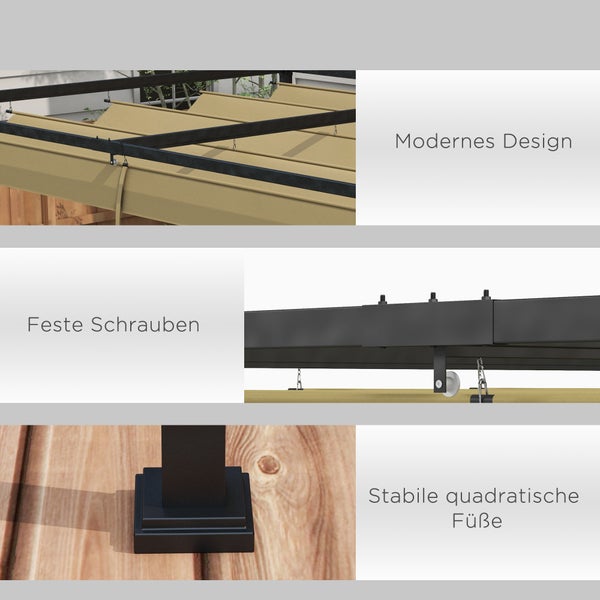 Outsunny Pergola 4x3m Garten Pavillon, Terrassendachung aus Stahl, Gartenpavillon mit verstellbares Dach, Freistehend, Sonnenschutz für Terrasse und Garten, Khaki