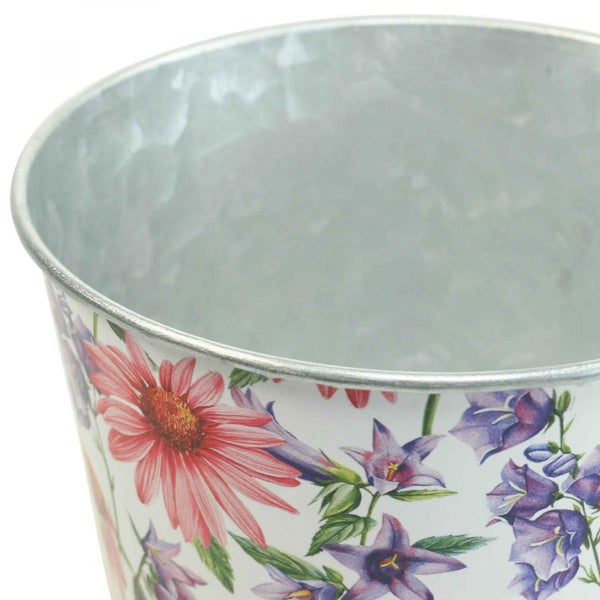 Blumentopf aus Metall mit Blumenmuster