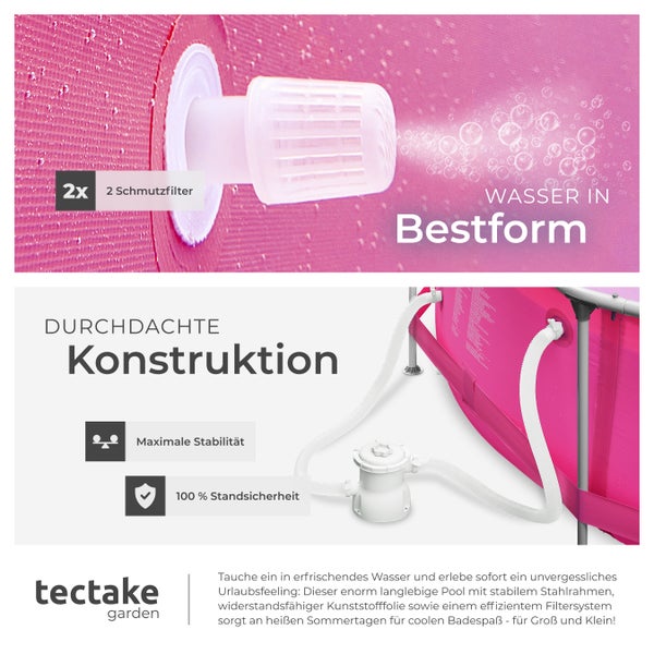 Tectake garden Logo. Pool mit Stahlrahmen, zwei Schmutzfilter und Filterpumpe für maximale Stabilität und hundert Prozent Standsicherheit.