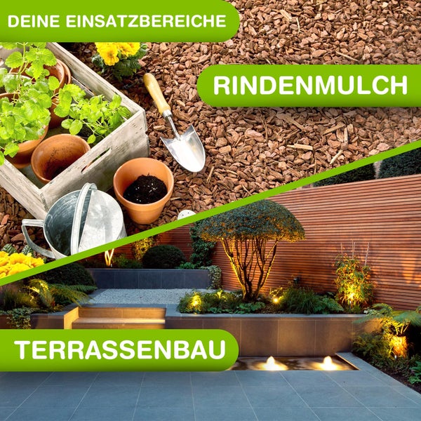 Anwendungsbereiche für Rindenmulch im Garten und moderner Terrassenbau mit Beleuchtung, Holz- und Steinelementen.