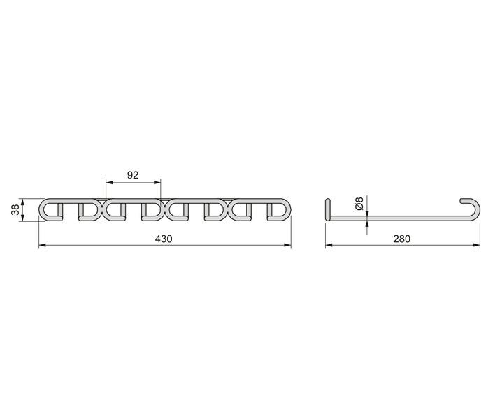 Technische Zeichnung einer Hakenleiste mit Maßen: Länge 430 Millimeter, Höhe 38 Millimeter, Tiefe 280 Millimeter.