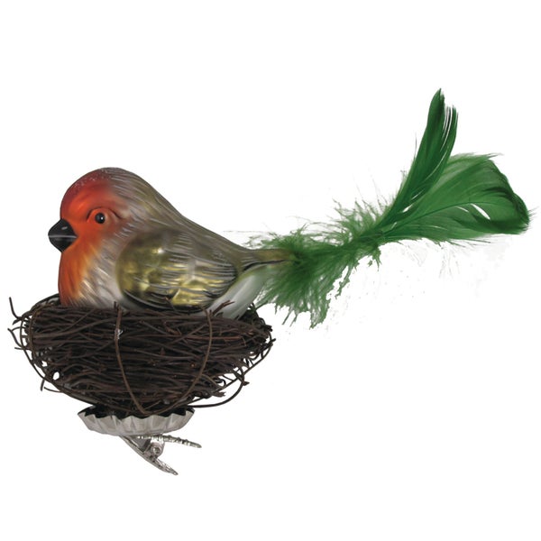 Vogel grün 20cm mit 7cm Federschwanz im Nest aus Zweigen Glasornament, mundgeblasen und handekoriert, 1 Stck.
