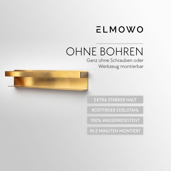 ELMOWO Duschablage aus rostfreiem Edelstahl zur Montage ohne Bohren inklusive Montagehinweisen.