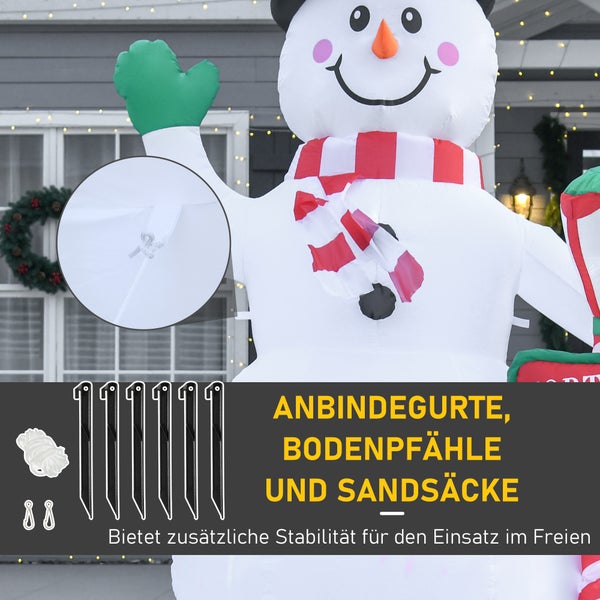 Aufblasbarer Schneemann mit Anbindegurten, Bodenpfählen und Sandsäcken für zusätzliche Stabilität im Freien.