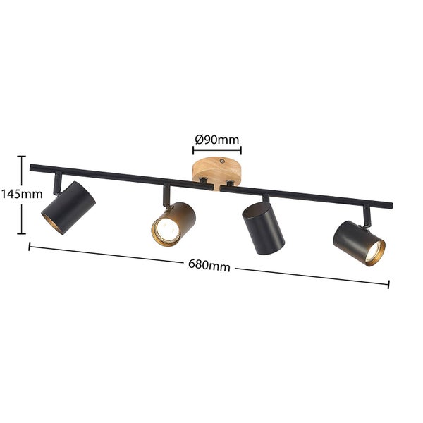 Deckenleuchte mit vier verstellbaren Strahlern in Schwarz und Holz. Länge 680 Millimeter, Höhe 145 Millimeter, Basisdurchmesser 90 Millimeter.