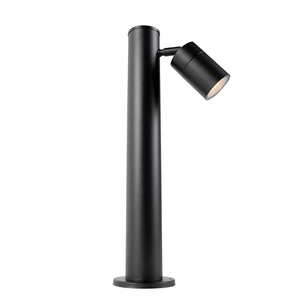 Schwarze LED-Außen-Wegeleuchte mit verstellbarem Strahler und zylindrischer Säule.