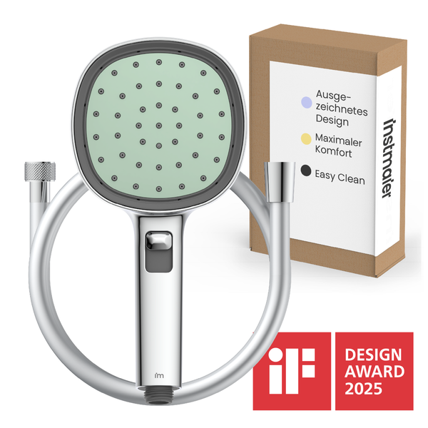 Instmaier Handbrause quadratisch mit Druckknopf und Verpackung sowie iF Design Award 2025 Siegel.