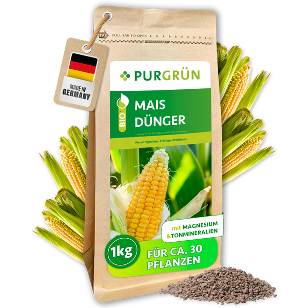 Purgrün Bio Maisdünger in 1 Kilogramm Beutel mit Magnesium und Tonmineralien für zirka 30 Pflanzen, Made in Germany.