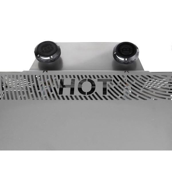 Rückansicht eines Oberhitzegrills aus Edelstahl mit zwei Drehreglern und Lüftungsschlitzen.