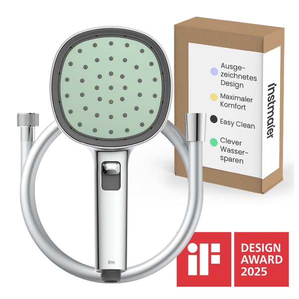 Handbrause Set mit Brauseschlauch und Verpackung, ausgezeichnet mit dem iF Design Award 2025.
