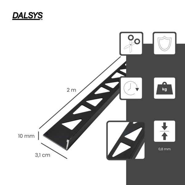 Dalsys Logo, L-Profil Fliesenprofil mit Dreieckslochung, Länge 2 Meter, Höhe 10 Millimeter, Breite 3,1 Zentimeter, Materialstärke 0,8 Millimeter.