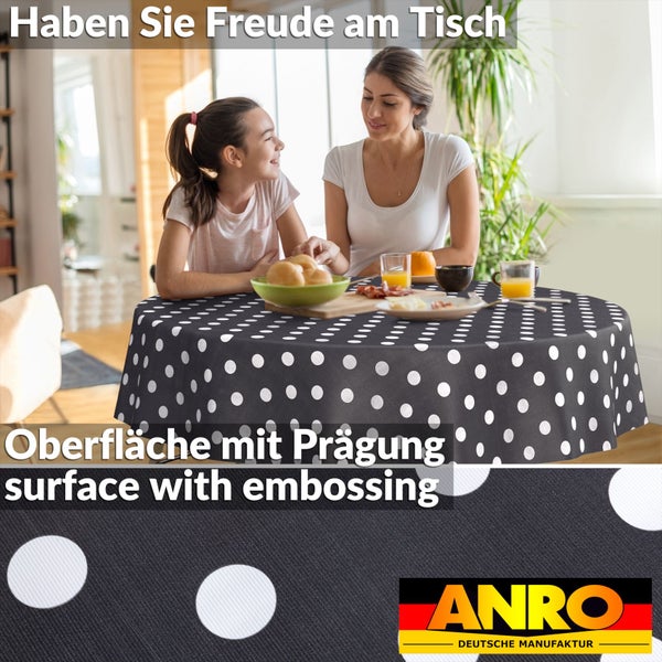 Rundes Tischtuch mit Punktmuster und geprägter Oberfläche, dargestellt auf einem Tisch mit Personen und als Detailaufnahme. ANRO Logo.