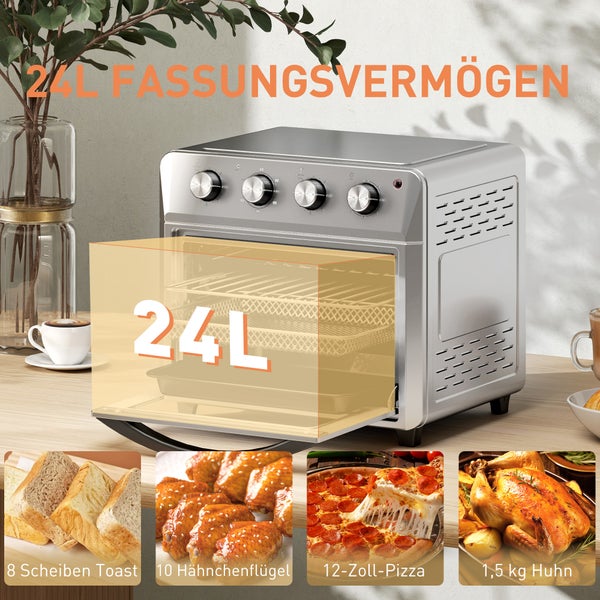 Multifunktions-Heißluftfritteuse und Backofen aus Edelstahl mit 24 Liter Fassungsvermögen, vier Drehknöpfen und Beispielen für Lebensmittelkapazität.