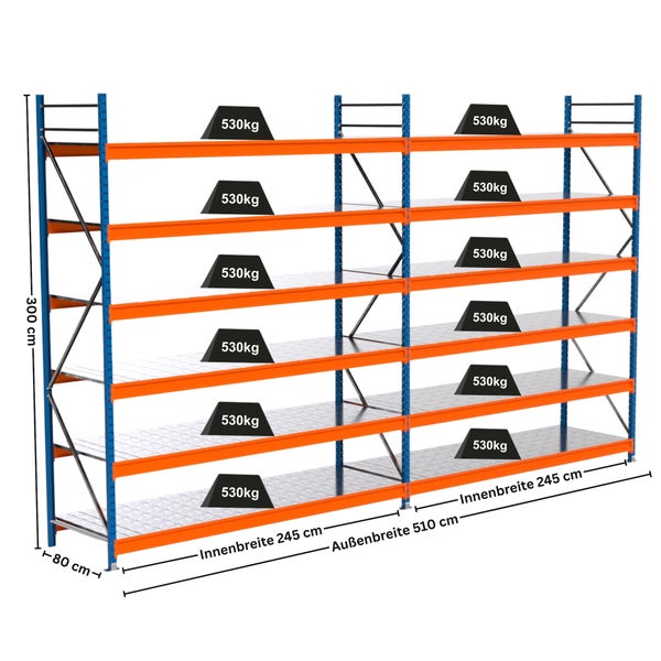 Abbildung eines Schwerlastregals mit fünf Ebenen und den Maßen 300 cm Höhe, 80 cm Tiefe und 245 cm Innenbreite.