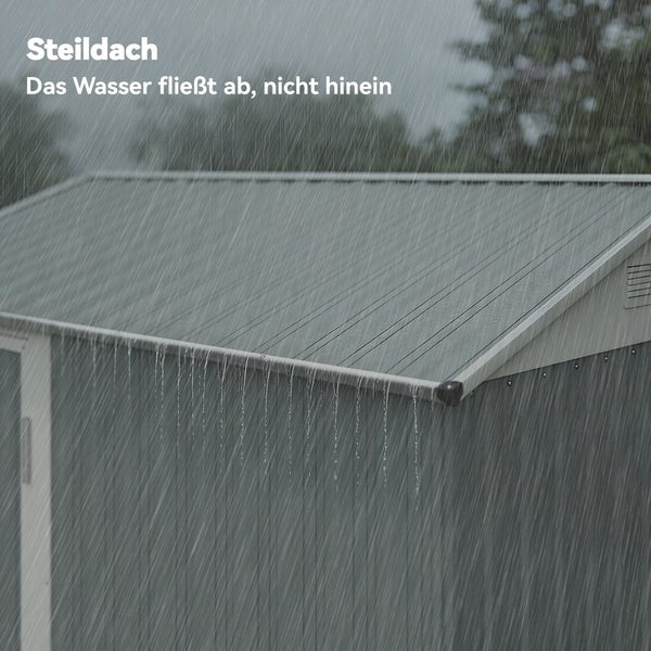 Gartenhaus mit Steildach bei Regen, Wasser fließt an der Dachkante ab.