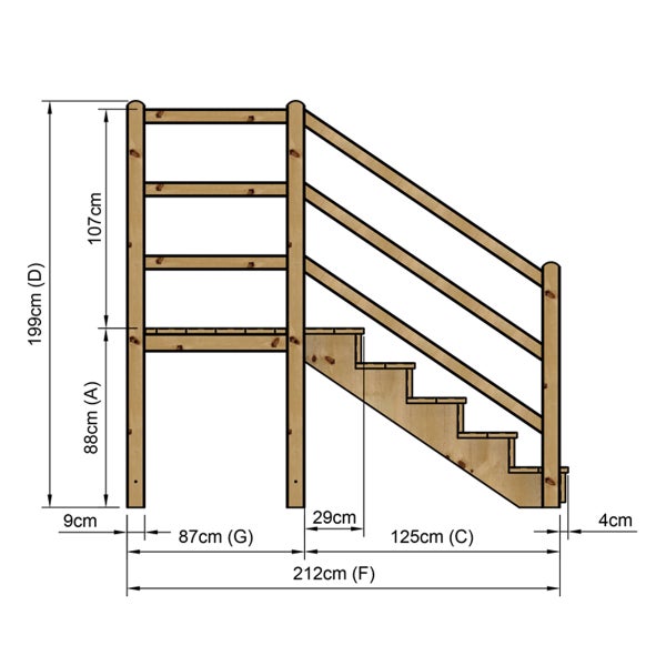 Technische Zeichnung einer Holztreppe mit Maßangaben