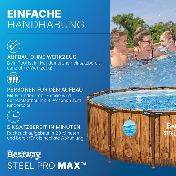 Bestway Steel Pro Max Aufstellpool in Holzoptik mit Sichtfenster, werkzeugloser Aufbau durch drei Personen in circa 20 Minuten, Bestway Logo.