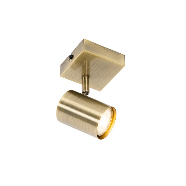 Einflammiger Wand- und Deckenstrahler aus Messing antik mit quadratischer Basis und verstellbarem zylindrischem Spot.