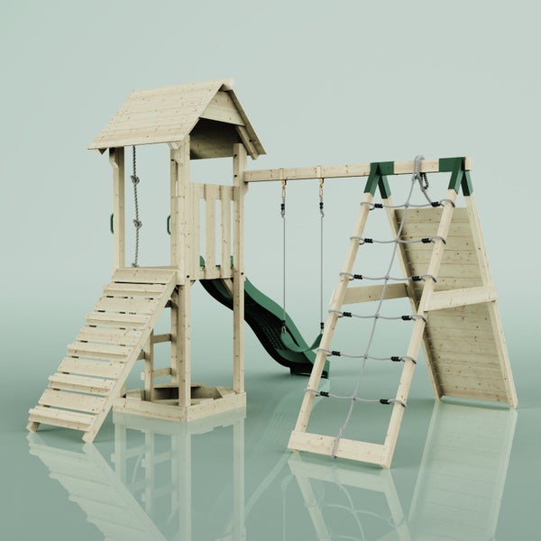 Spielturm mit Rutsche, Leiter, Schaukel und Kletternetz für den Garten