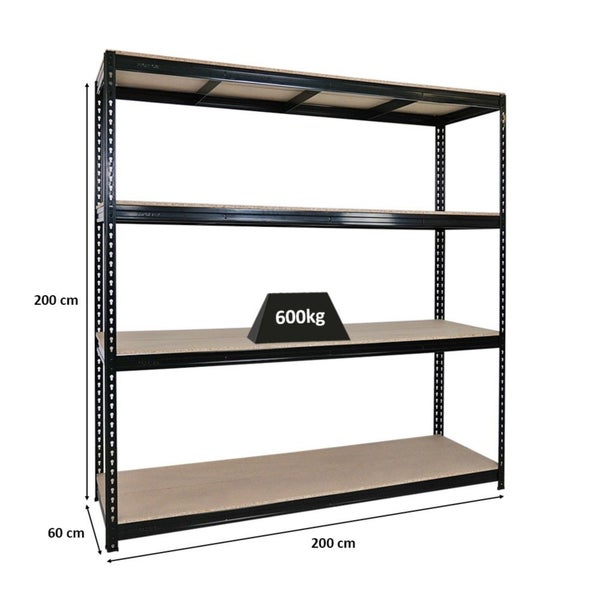 PROREGAL Profi Schwerlastregal Bison HxBxT 200 x 200 x 60 cm 4 Spanplatten-Ebenen 16mm Fachlast 600 kg Schwarz