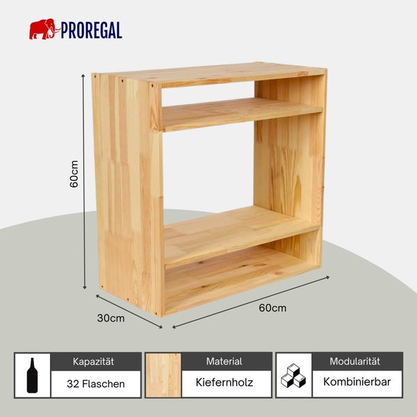 ProRegal Holzregal aus Kiefernholz, Maße 60 mal 60 mal 30 Zentimeter, Kapazität für 32 Flaschen, modular kombinierbar. ProRegal Logo.