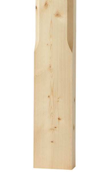 Eckiger Holzpfosten aus Nadelholz mit dekorativem Kopfprofil und sichtbarer Maserung für Zäune oder Geländer.