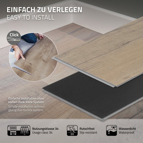 Vinylboden mit Klicksystem, Nutzungsklasse 34, rutschfest und wasserdicht. Detailansicht der einfachen Verlegung ohne Verkleben.