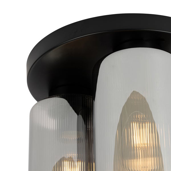 Deckenleuchte mit zylinderförmigen Lampenschirmen aus Glas und schwarzer Halterung