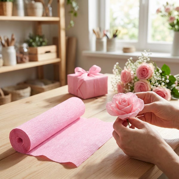 Hände formen eine künstliche Rose aus Krepppapier auf einem Holztisch mit einer Papierrolle und einem verpackten Geschenk im Hintergrund.