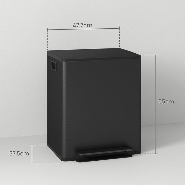HOMCOM Mülleimer 2 x 25L Treteimer Kosmetikeimer Abfalleimer mit Deckel und Fußpedal, Müllbehälter mit Inneneimer, für Wohnzimmer, Büro, Edelstahl, 47,7 x 37,5 x 56 cm
