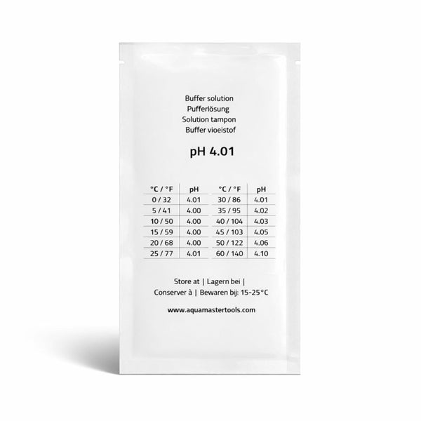 Pufferlösung pH 4.01 in einem Beutel mit Temperaturtabelle.